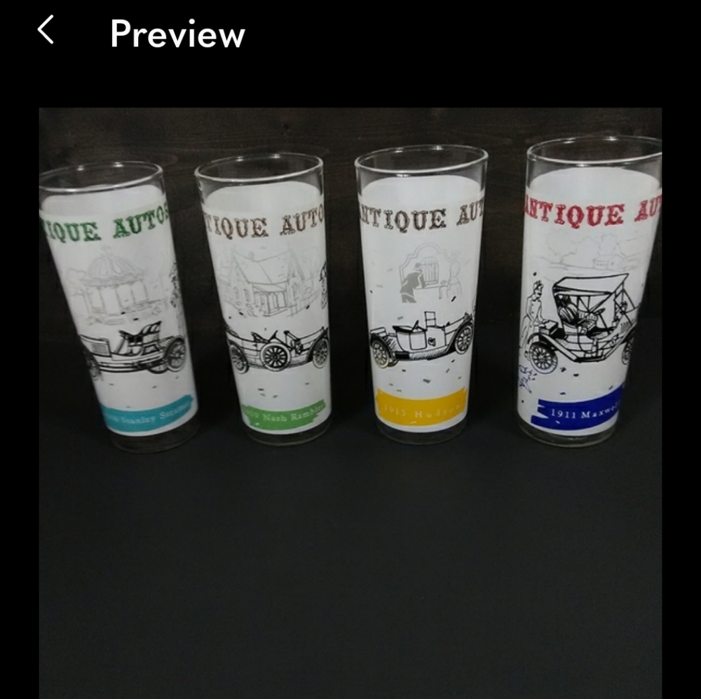 TOM COLLINS   ANTIQUE AUTO TALL SKINNY DRINKING GLASSES/ BAR GLASSES SET OF 4